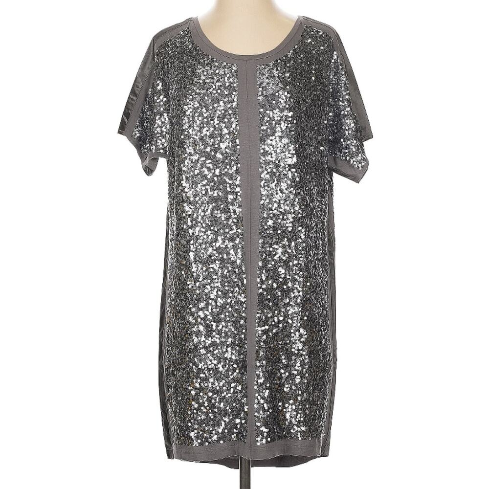 Patrizia Pepe Vintage Silver Oversized Sequin T Shirt Dress Satin Trim 1 S